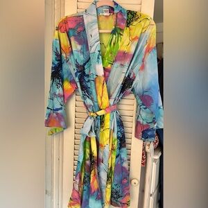 Natori Private Luxuries Floral Watercolor Kimono Style Short Robe Womens M